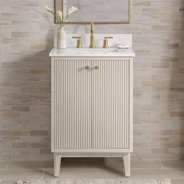 Sylvie 24 in. Single Sink Fluted Dove Bathroom Vanity with Volakas Engineered Stone Top (Assembled)