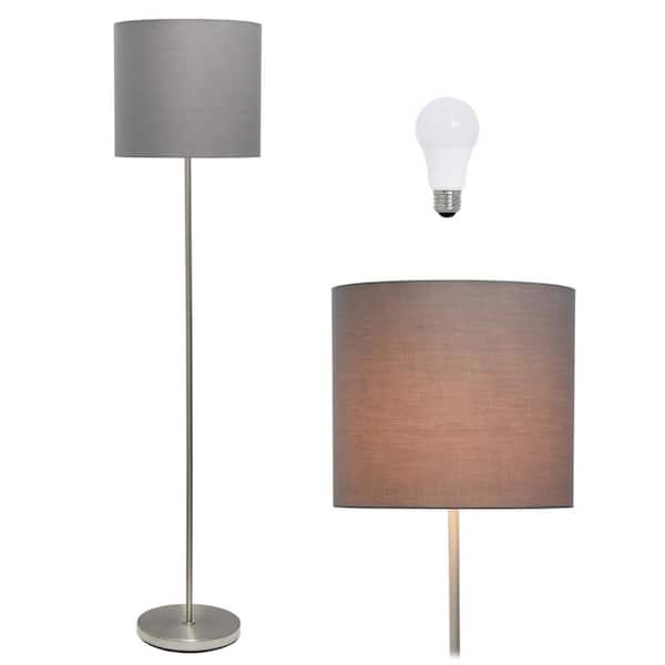 Simple Designs 57 in. Brushed Nickel Traditional Standard Stick Floor Lamp with Gray Drum Shade, with LED Bulb