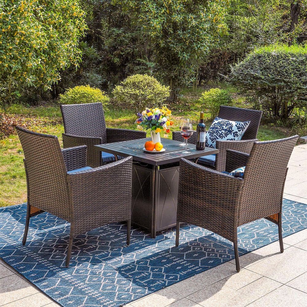 Black 5-Piece Metal Patio Fire Pit Set with Rattan Chairs with Blue Cushion price history on PriceWatchPro
