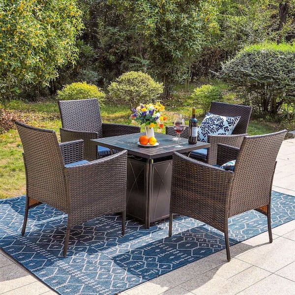 PHI VILLA Black 5-Piece Metal Patio Fire Pit Set with Rattan Chairs with Blue Cushion