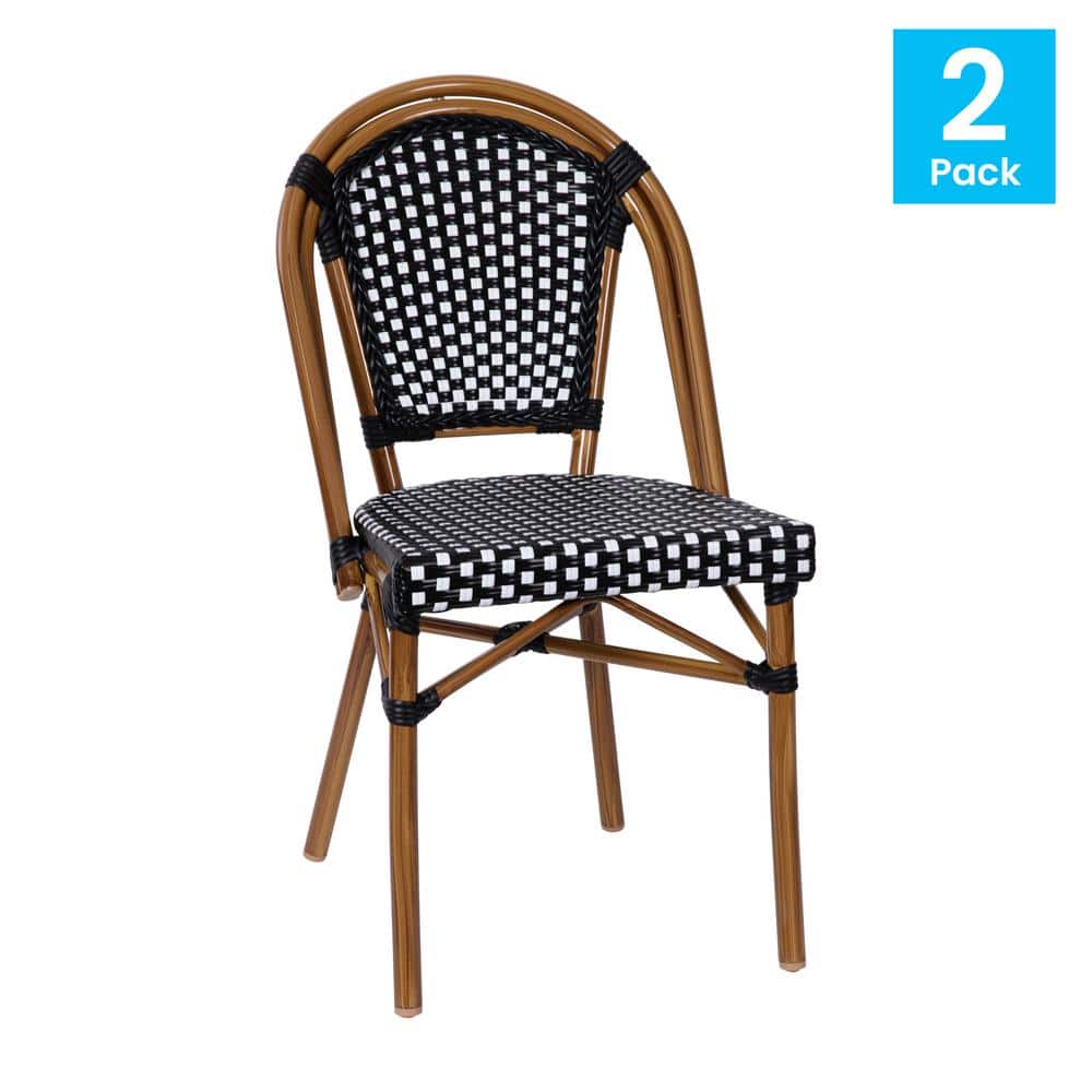 Black and White PE Rattan Armless Bistro Chairs with Bamboo Print Frame, Set of 2
