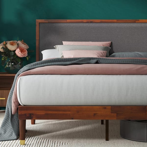 Zinus Raymond Brown Wood Queen Platform, Upholstered Headboard With Wood Bed Frame