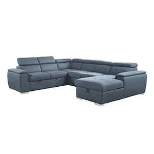 Logan 122.5 in. Straight Arm 4-piece Chenille Sectional Sofa in. Blue with Pull-out Bed and Right Chaise