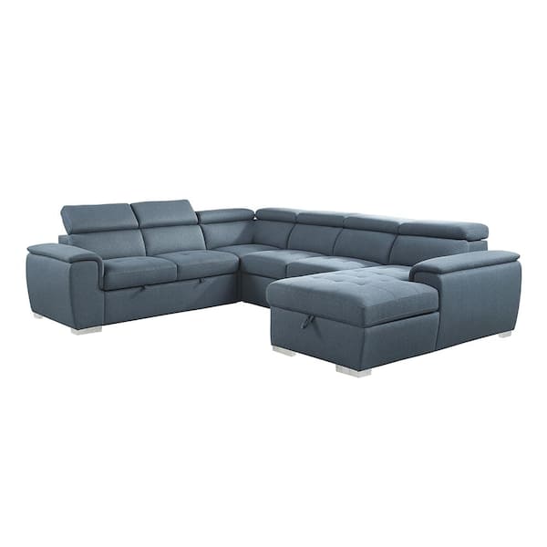 Unbranded Logan 122.5 in. Straight Arm 4-piece Chenille Sectional Sofa in. Blue with Pull-out Bed and Right Chaise