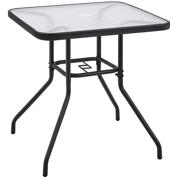homfan 28 in. Patio Bistro Table, Square Dining Table w/Umbrella Hole and Tempered Glass Top, Black
