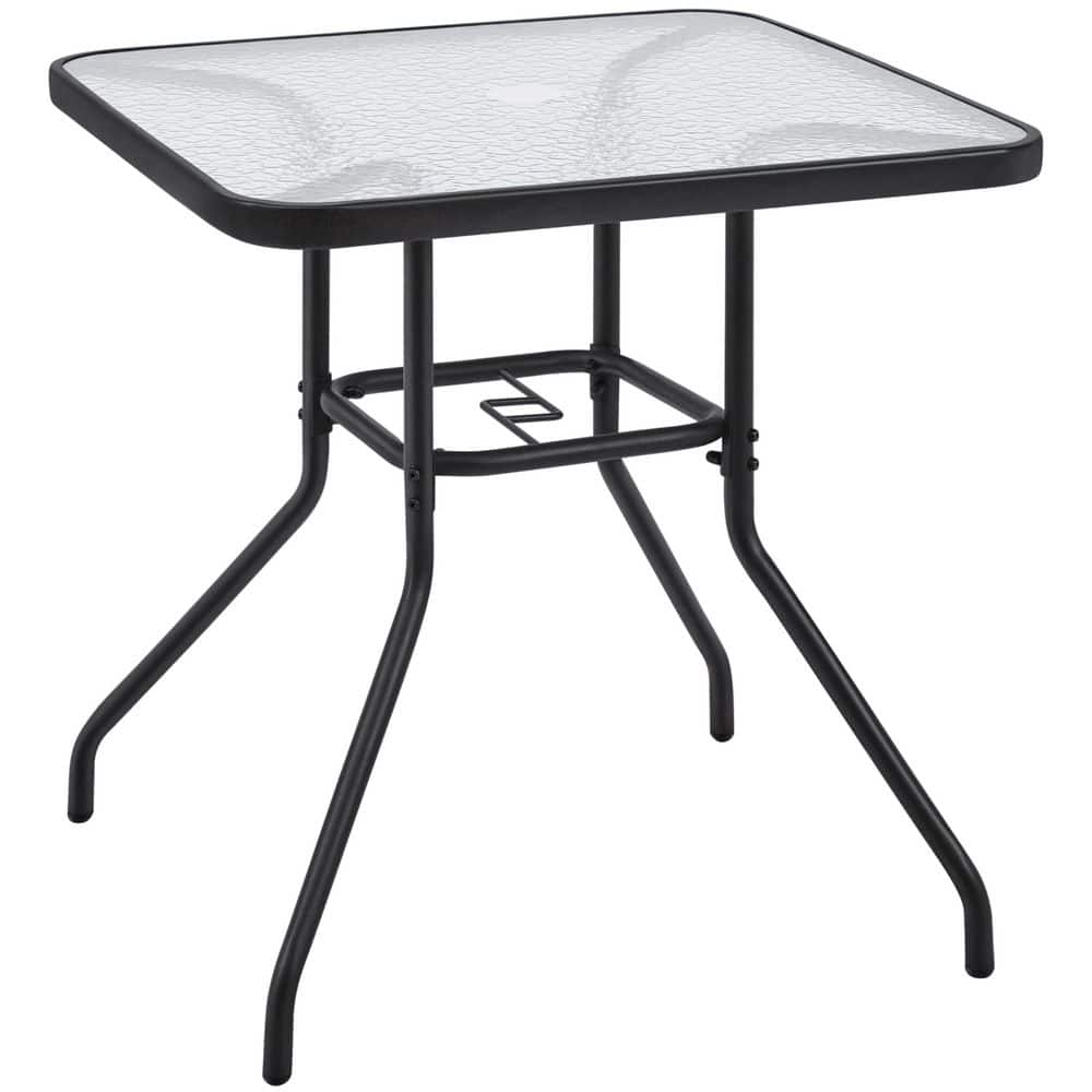 28 in. Patio Bistro Table, Square Dining Table w/Umbrella Hole and Tempered