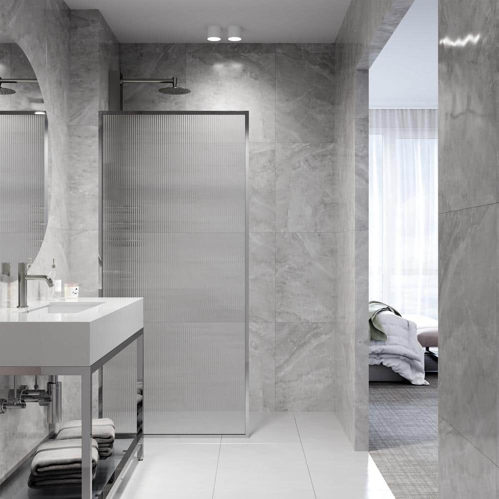 Meridian 34" W x 62" H Chrome Fluted Glass Shower Screen