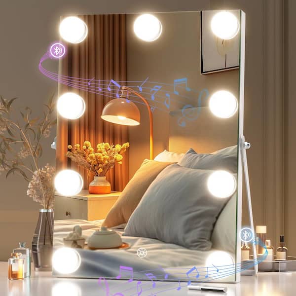 Vosuja 9.8 in. W x 13.8 in. H White Rectangle Framed LED Makeup Mirror with Bluetooth Speaker Hollywood Vanity Mirror