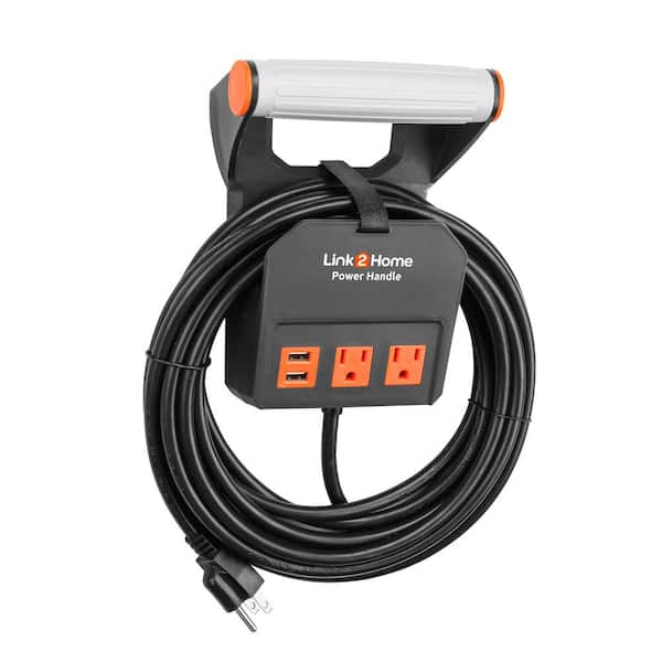 Link2Home Power Handle Extension Cord, 20 ft. 14 AWG, 2-Outlets 15 Amp, 2 USB Ports (3.1 Amp), Cord Management