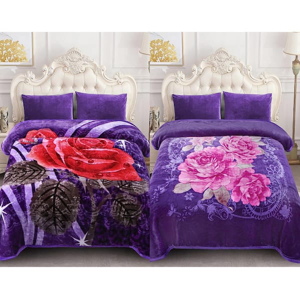 Purple Rose 83 in. x 91 in. Reversible Printed Polyester Fleece Mink Warm Thick Winter Blanket