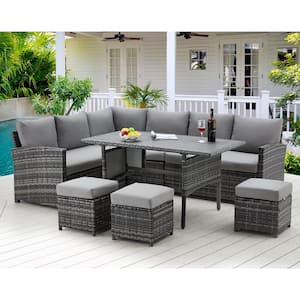 7-Pieces Patio Gray Wicker Furniture Dining Set with Gray Cushions