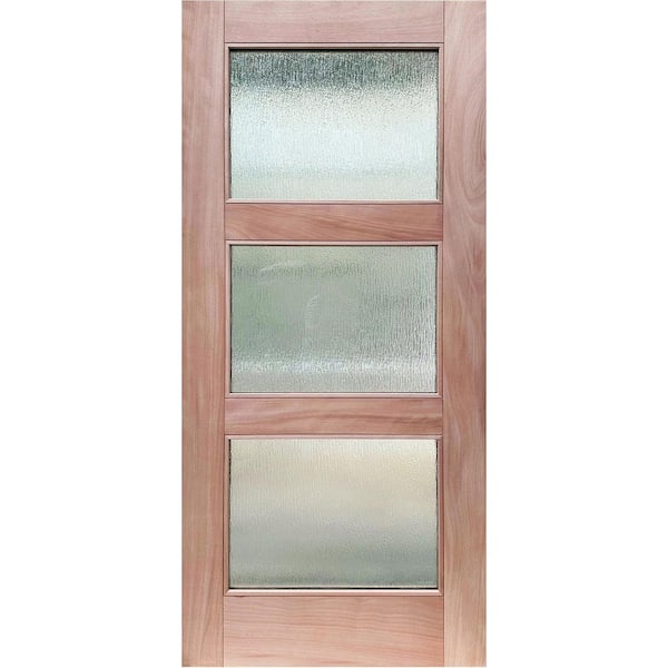 36 in. x 80 in. Solid Wood 3 Lite Flush Universal Frosted Glass Unfinished Wood Front Door Slab