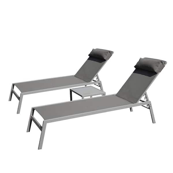 Set of 3 Aluminum Adjustable Outdoor Chaise Lounge in Gray Seat with Steel Side Table and Headrest Sunbathing Recliner