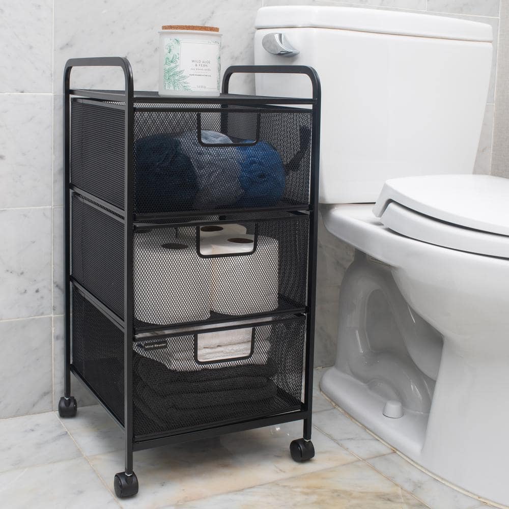Black Metal Mesh 3-Drawer Rolling Storage Trolley