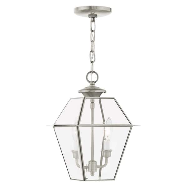 AVIANCE LIGHTING Ainsworth 14 in. 2-Light Brushed Nickel Dimmable Outdoor Pendant Light with Clear Beveled Glass and No Bulbs Included
