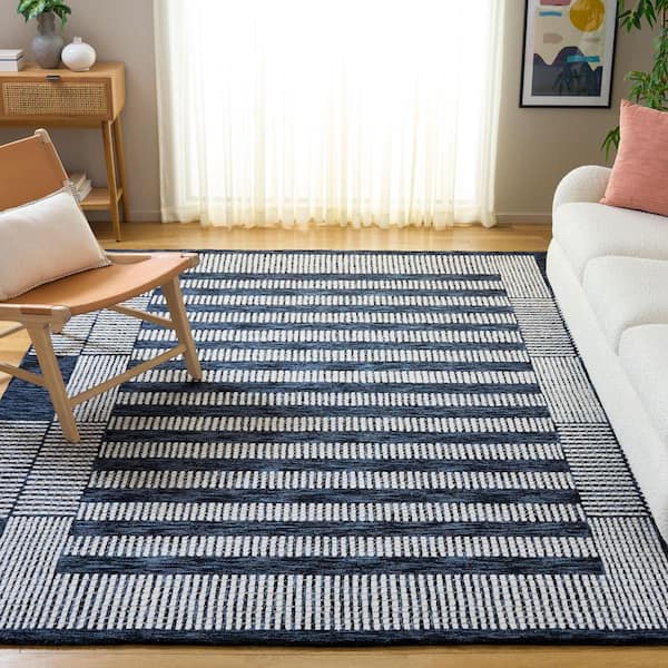 Pine 8 ft. x 10 ft. Navy/Ivory Border Striped Area Rug