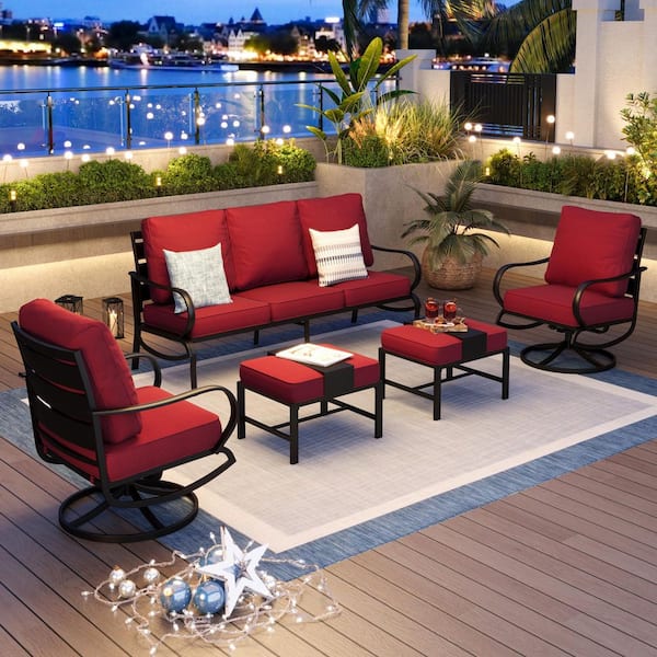 PHI VILLA Black 5-Piece Metal Slatted 7-Seat Outdoor Patio Conversation Set with Red Cushions 2 Swivel Chairs 2 Ottomans