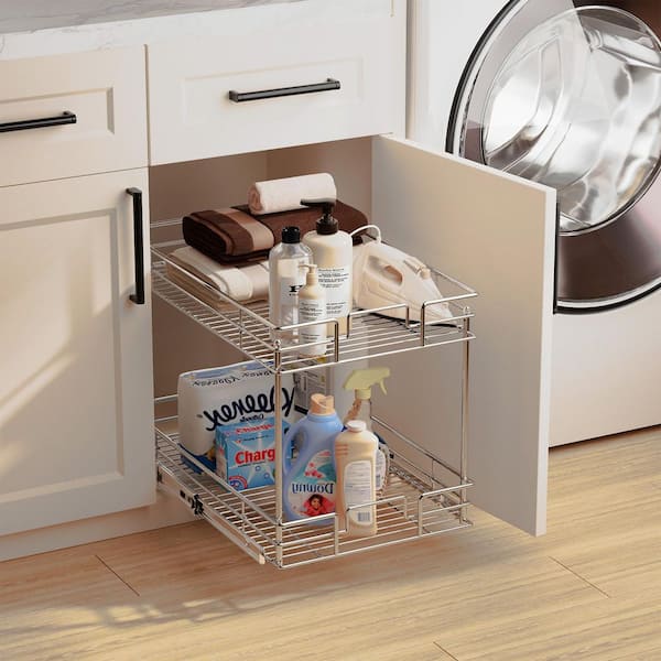 HOMEIBRO Space Saver Silver Metal Pull-Out Organizer for Kitchen Wooden Handle Slide Out Storage