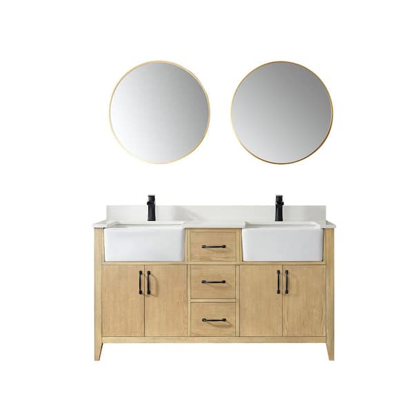 ROSWELL Sevilla 60 in. W x 22 in. D x 33.9 in. H Double Sink Bath Vanity in Washed Ash with White Stone Countertop and Mirror
