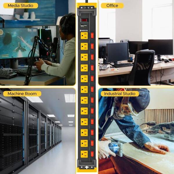 EKIEUDL - 12-Outlet Power Strip Surge Protector with 9 ft. Cord Metal and Individual Switches in Yellow