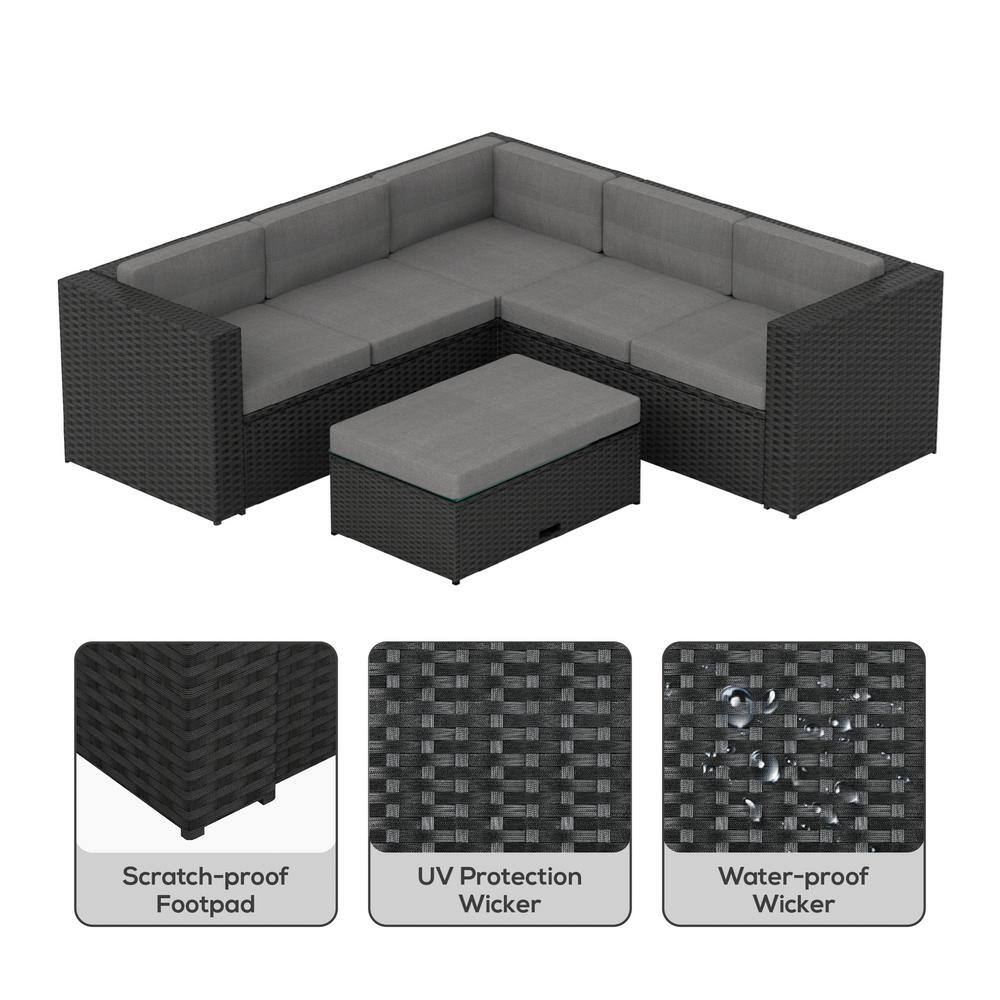 Kaison 6-Person Black and Gray Steel Outdoor Sectional Set with Storage Ottoman