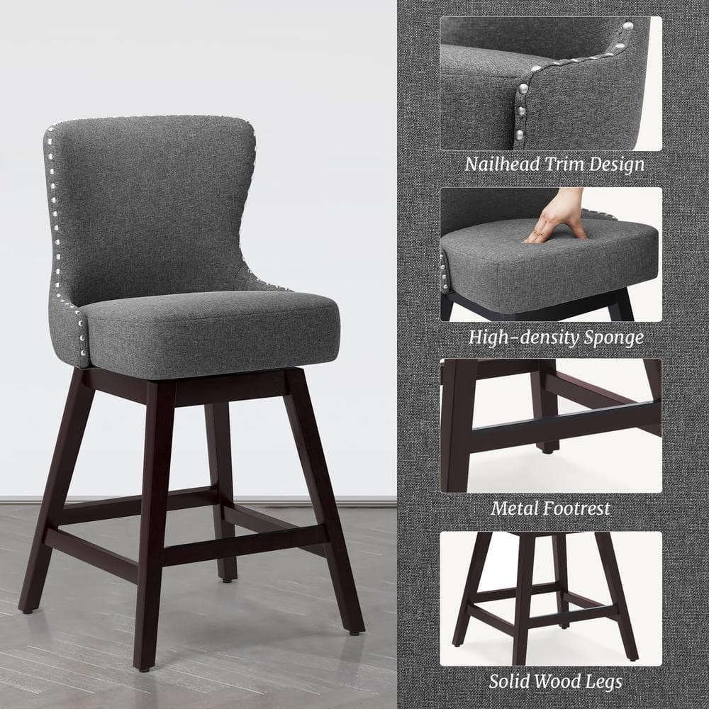 Gray Linen Fabric Upholstered Swivel Counter Stools with Solid Wood Frame, Set of 2