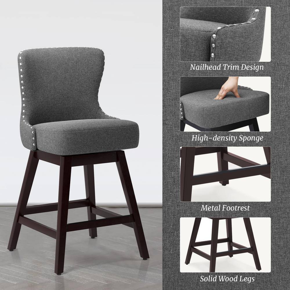 Gray Swivel Upholstered Counter Stool with Wood Frame