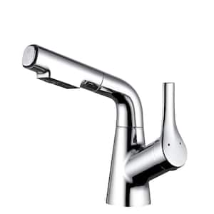 Single Handle Single Hole Pull Down Bathroom Faucet and 2-Spray Mode and Raised and Lowered Function in Polished Chrome