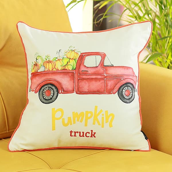 MIKE & Co. NEW YORK Fall Season Decorative Single Throw Pillow Red Pumpkin Truck 18 in. x 18 in. White and Red Square Thanksgiving for Couch