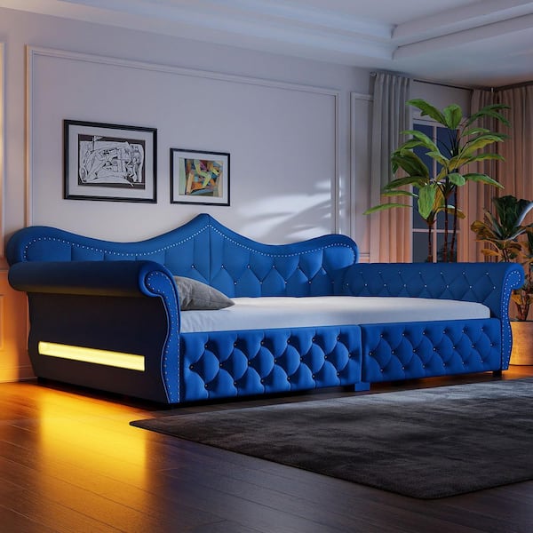 crown bed datype 青 Polibi Blue Queen Size Daybed with LED and Nail Head Decoration