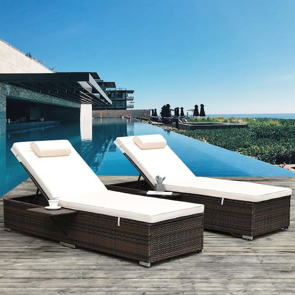 Cesicia 2-Piece Brown Wicker Outdoor Chaise Lounge with Beige Cushions and Adjustable Backrest