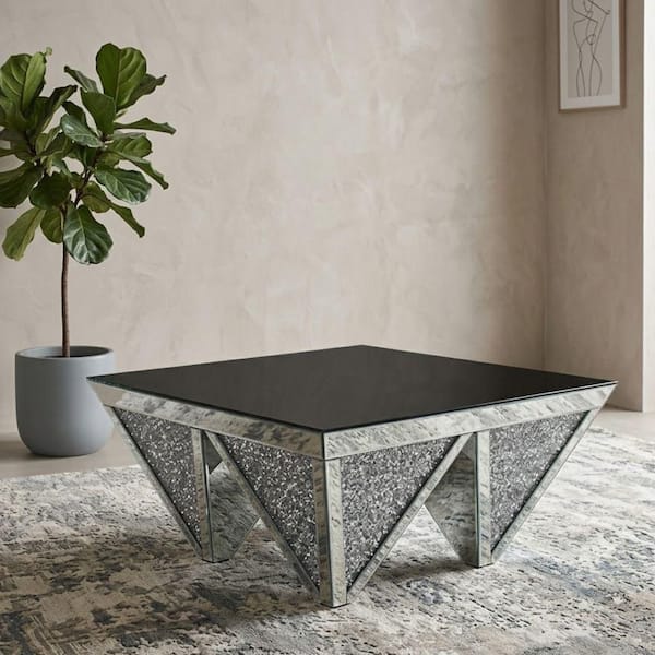 Adelie 37 in. Silver Square Glass Coffee Table with Faux Diamond Inlay and Mirrored Panels
