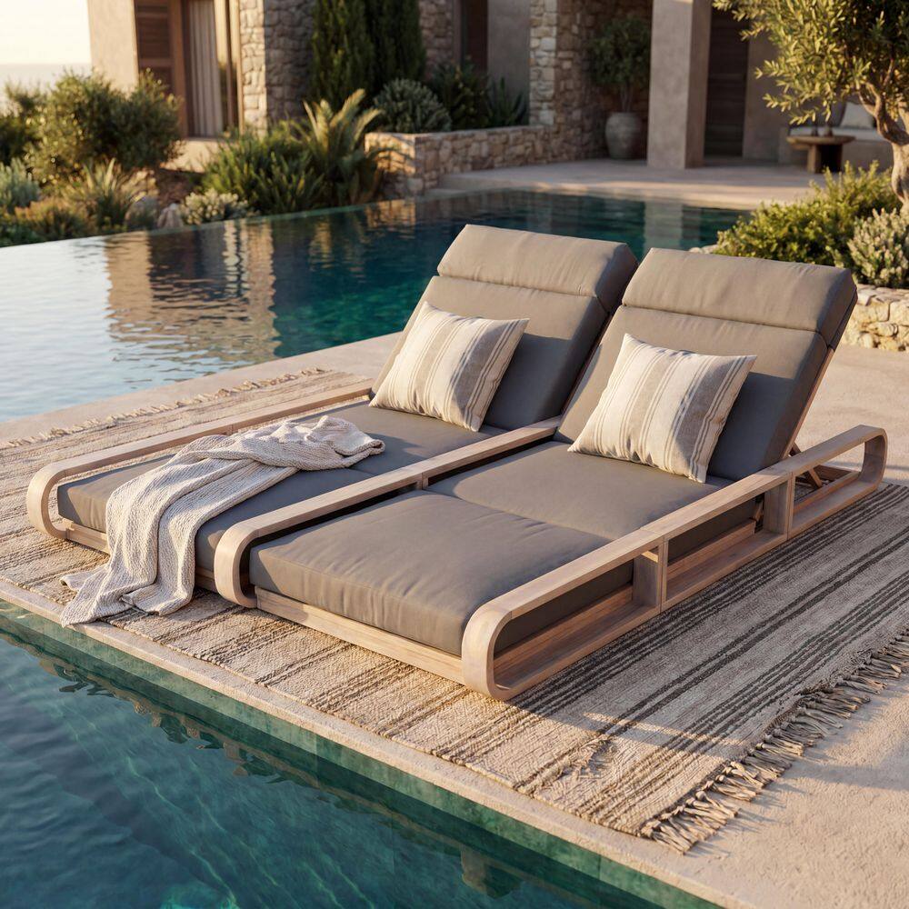 Adero Light White Acacia Wood Outdoor Patio Double Chaise Lounge with Two Dark Grey 4-Fold Cushions