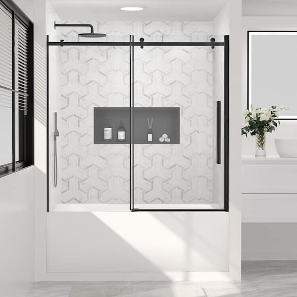 56 in. to 60 in. W x 58 in. H Single Reversible Sliding Frameless Tub Door in Matte Black with Clear Tempered Glass