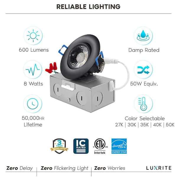 LUXRITE 4 in. Adjustable LED Gimbal Canless Recessed Light with J