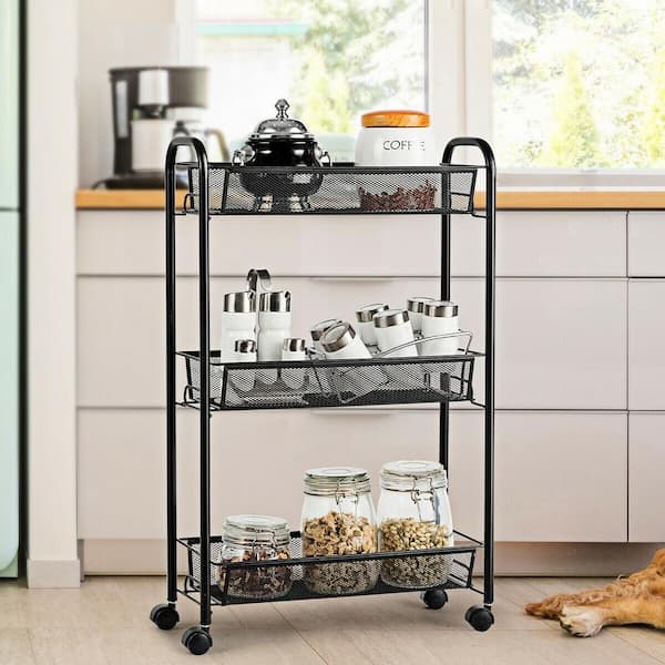 Boyel Living 3-Tier Mesh Rolling Cart Mobile Organizer Stand Utility Cart Trolley in Black