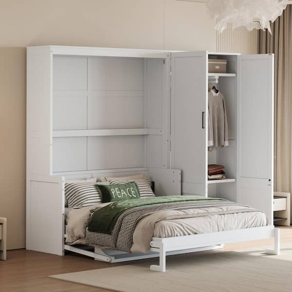 Qualler White Wood Frame Queen Size Murphy Bed with Closet