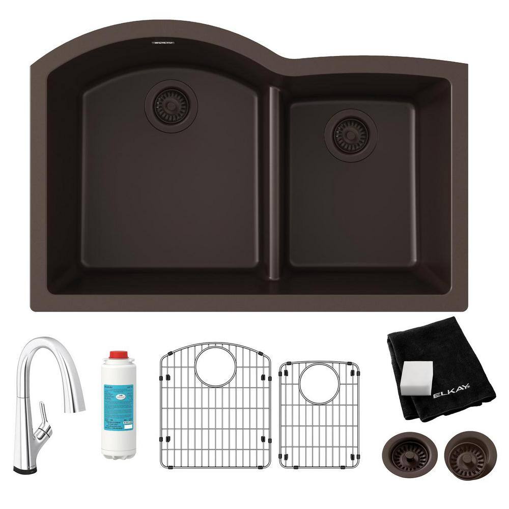 UPC 094902140964 product image for Classic Mocha Quartz 33 in. 60/40 Double-Bowl Undermount Kitchen Sink with Filte | upcitemdb.com