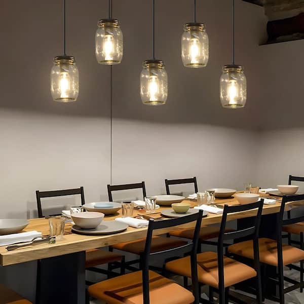 TinHon 5-Light Glass Mason Jar Pendant Light, Matte Black