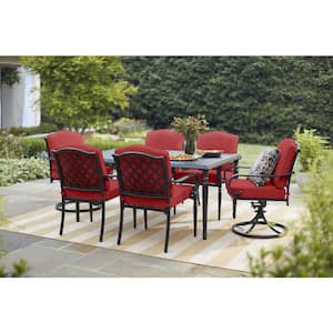 Laurel Oaks 7-Piece Black Steel Outdoor Patio Dining Set with CushionGuard Chili Red Cushions