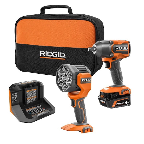 RIDGID 18V Cordless 2-Tool Combo Kit w/ Brushless 1/2 in. Impact Wrench, Spotlight, 4 Ah MAX Output Battery & Charger