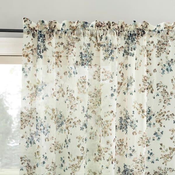 Alethea Floral Print Crushed Voile Antique Polyester 51 in. W x 63 in. L Rod Pocket Sheer Curtain (Single Panel)
