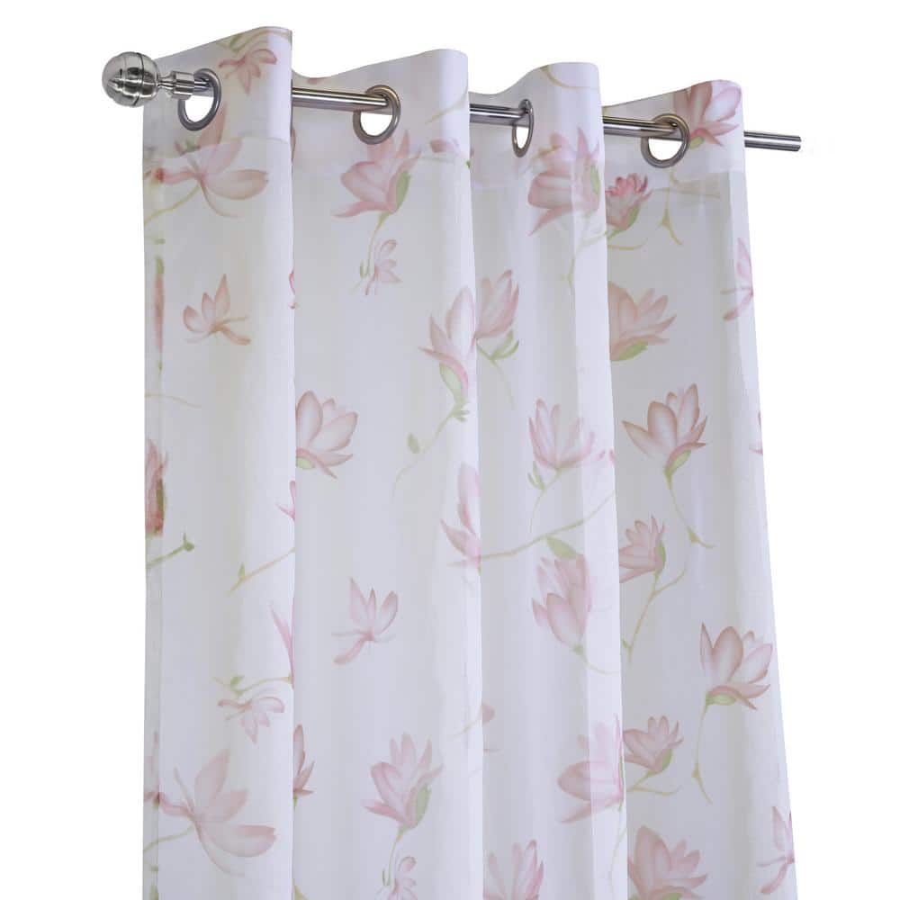 Magnolia White and Pink Sheer Linen-Like Grommet Curtain Panel