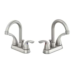 4 in. Centerset 2-Handle High-Arc Bathroom Faucet with Drain Kit Included and 2 Extra Hose in Brush Nickel (2-Pack)