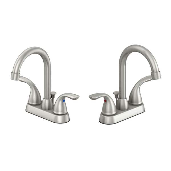 PRIVATE BRAND UNBRANDED 4 in. Centerset 2-Handle High-Arc Bathroom Faucet with Drain Kit Included and 2 Extra Hose in Brush Nickel (2-Pack)