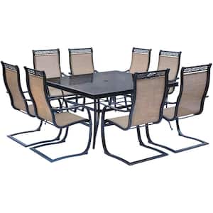 Monaco 9-Piece Aluminum Outdoor Dining Set with Square Glass-Top Table and Contoured Sling Spring Chairs