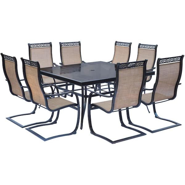 Hanover Monaco 9-Piece Aluminum Outdoor Dining Set with Square Glass-Top Table and Contoured Sling Spring Chairs
