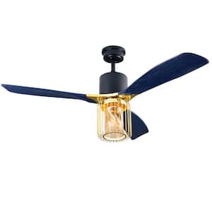 Solid 52 in. Integrated LED Indoor Navy Blue Ceiling Fan with Light, Remote Control and DC Motor