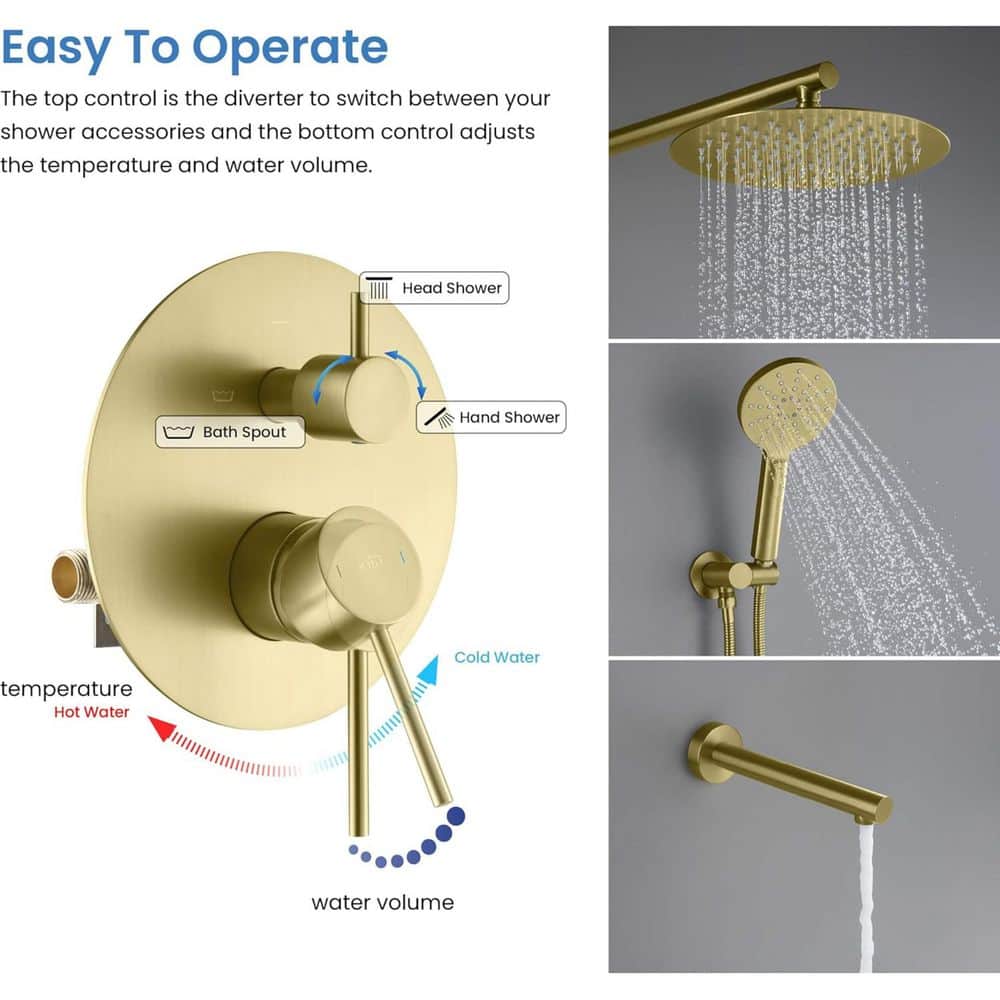 Brushed Gold Circular 3-Function Shower System with Brass Valve