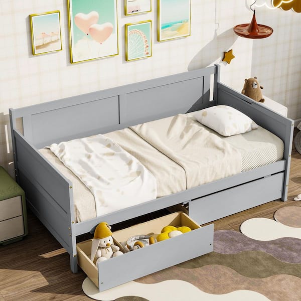 Gray Wood Frame Twin Size Daybed with 2 Storage Drawers